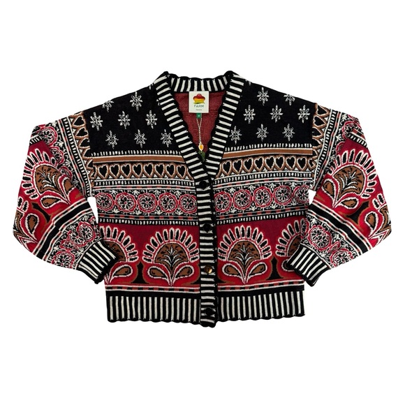 Farm Rio Black Ainika Love Coconut Groove Knit Cardigan black Red XS - Picture 3 of 9